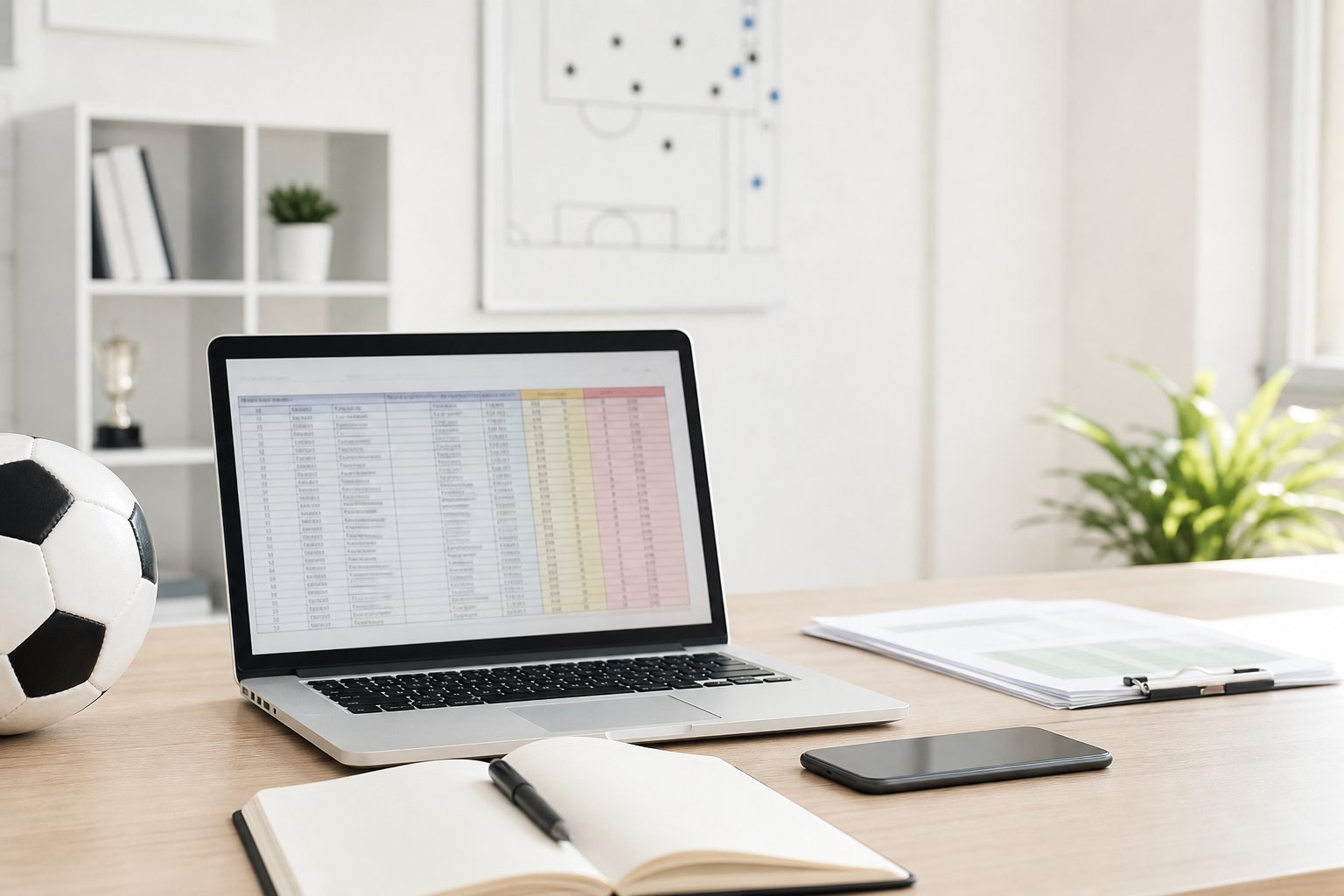 Scrivania ordinata con computer, mouse e cuffie senza fili pronti per una sessione di lavoro